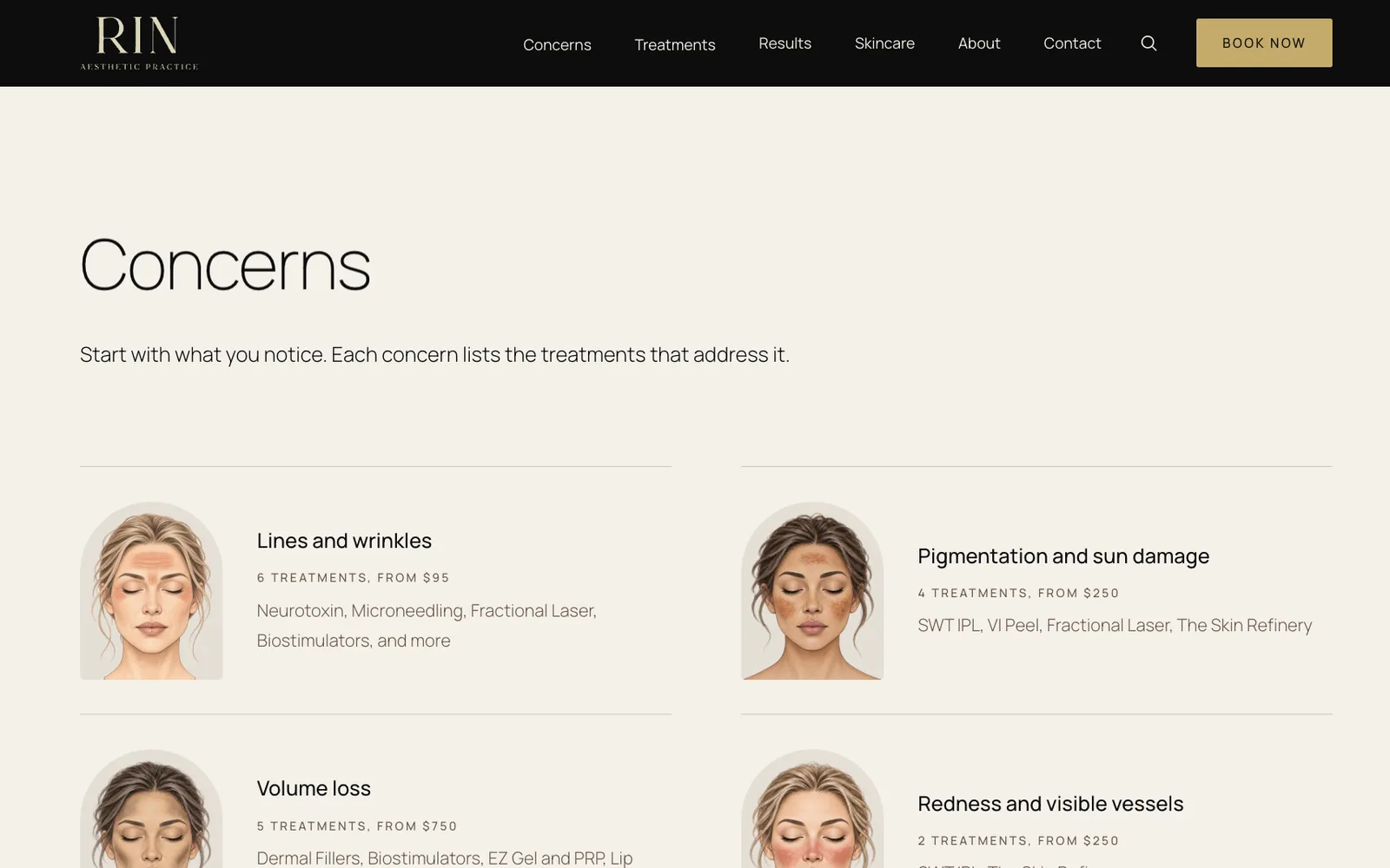 Screenshot of the RIN Aesthetic Practice Concerns page: the heading "Concerns" sits above a two-column grid of skin concerns such as lines and wrinkles, pigmentation and sun damage, volume loss, and redness and visible vessels, each listing how many treatments address it and a starting price