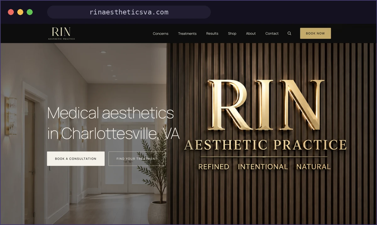 RIN Aesthetic Practice website with warm photography and gold accents on a dark background