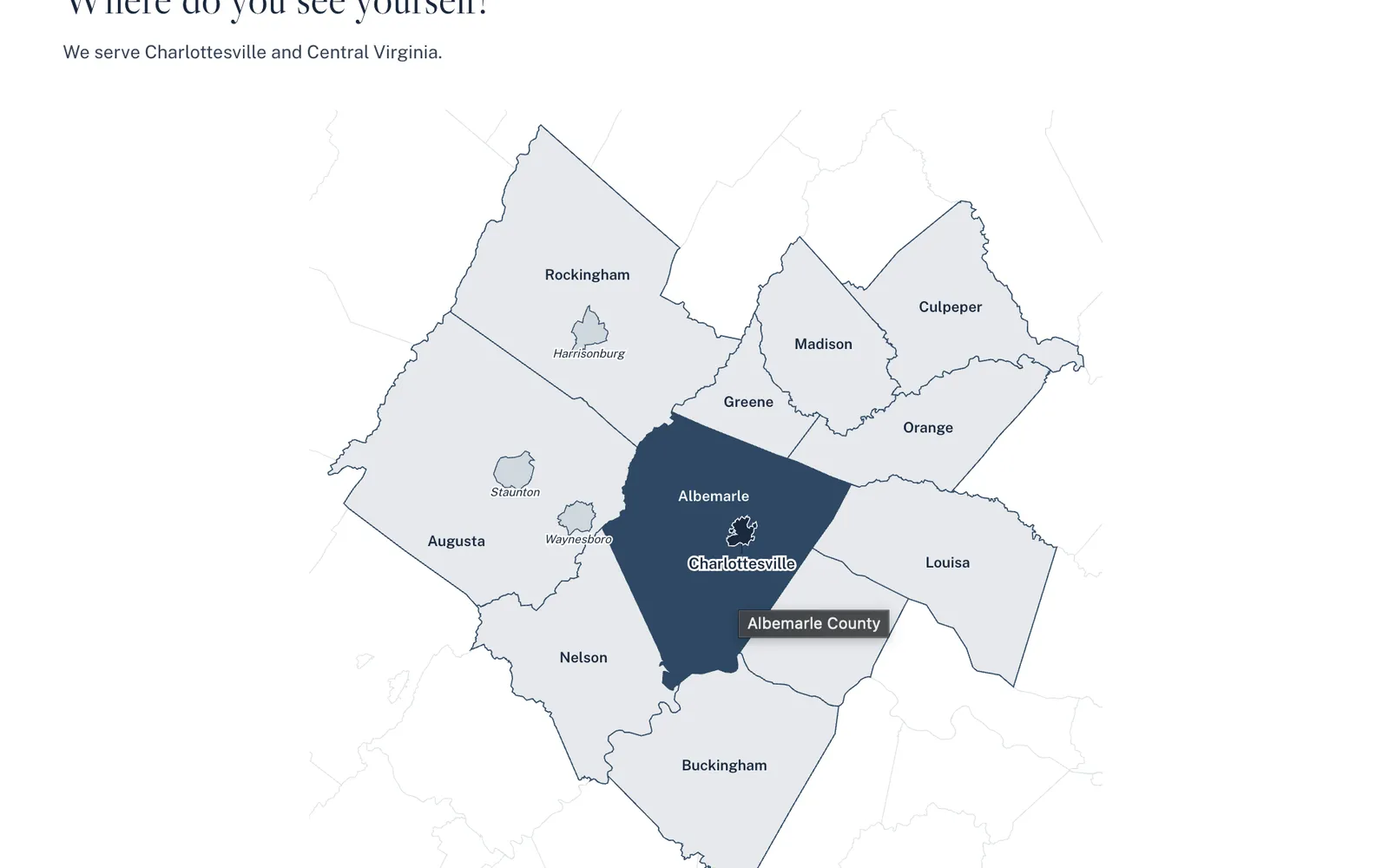 Screenshot of the Bellhouse service-area page: a map of Charlottesville and the surrounding Central Virginia counties, each county outlined and labeled as a link to its area guide