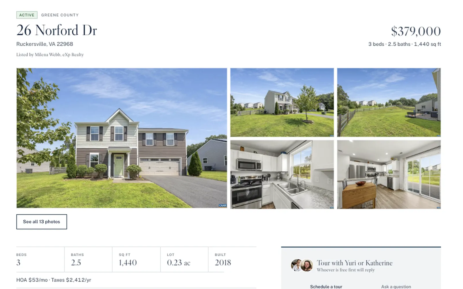 Screenshot of a Bellhouse listing page: property photos and details alongside a tour request form, a note from the listing agent, and a monthly payment estimate