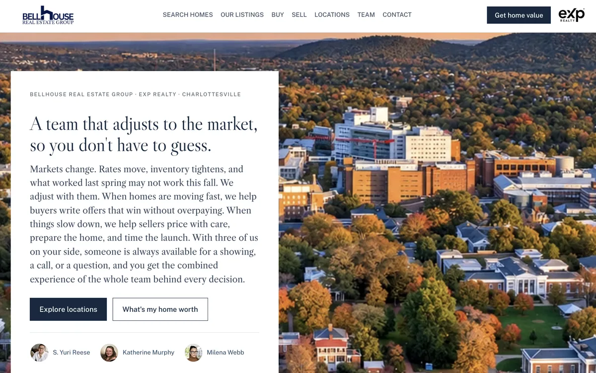 Bellhouse Real Estate Group website with a navy and white layout and regional photography